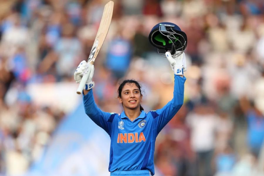 Smruti Mandhana celebrating world cup hundred